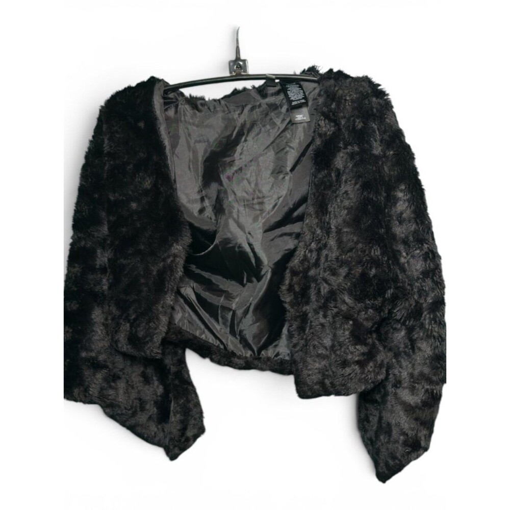 Bisou Bisou Black Faux Fur Cropped Shrug XS/S — Open Front Satin Lined